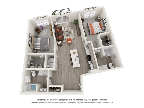 Floor plan for 2 beds, 2 baths, 1051 sqft